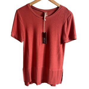 XCVI French Terry Mixed Media Short Sleeve Tee Womens XS Orange V-Neck Top